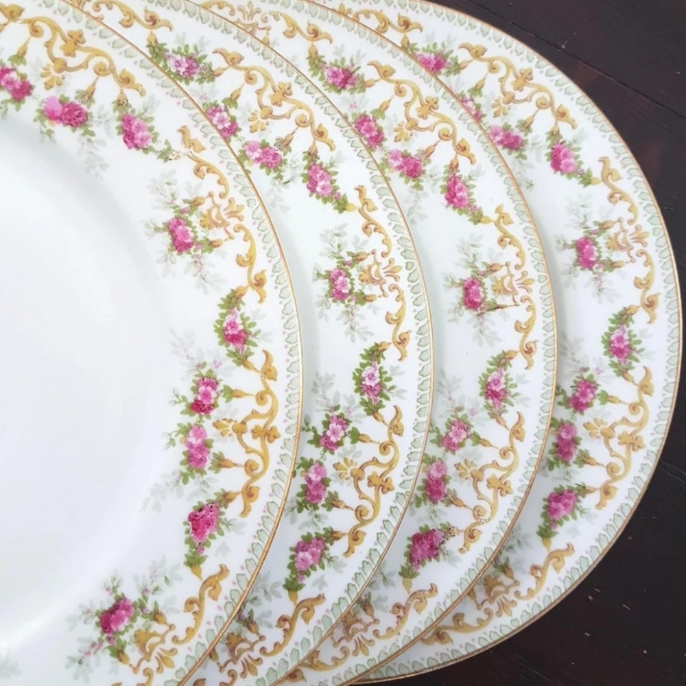 Limoges 4pc Porcelain Salad Dessert Plates Set: Floral Pink Roses -Antique 1907
